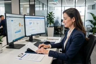 Responsable RH analysant des données sur un bureau de service RH numérique dans un open space moderne