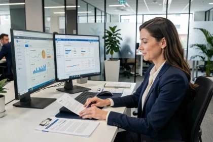 Responsable RH analysant des données sur un bureau de service RH numérique dans un open space moderne