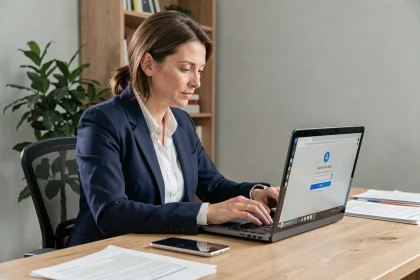 Femme professionnelle sécurisant son compte Urssaf sur un ordinateur portable dans un bureau à domicile