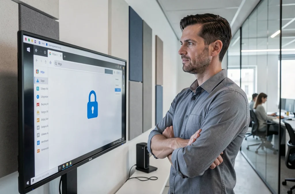 Homme en open space vérifiant le cadenas HTTPS d'un portail sécurisé pour protéger sa connexion internet