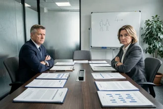 Deux associés d'une PME familiale face à face autour d'une table de réunion couverte de documents juridiques, illustrant les tensions entre actionnaires minoritaires et majoritaires