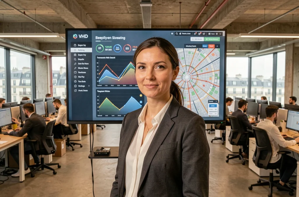 Responsable logistique analysant un tableau de bord blockchain de traçabilité dans un centre opérationnel parisien