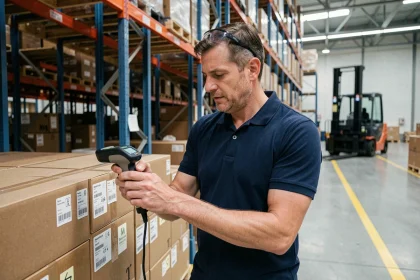 Technicien logistique scannant des palettes avec un lecteur RFID dans un entrepôt parisien moderne