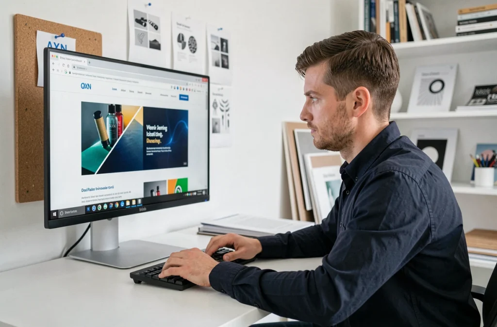 Designer de l'agence AXN en Loir-et-Cher travaillant sur une identité visuelle et un site internet devant son écran