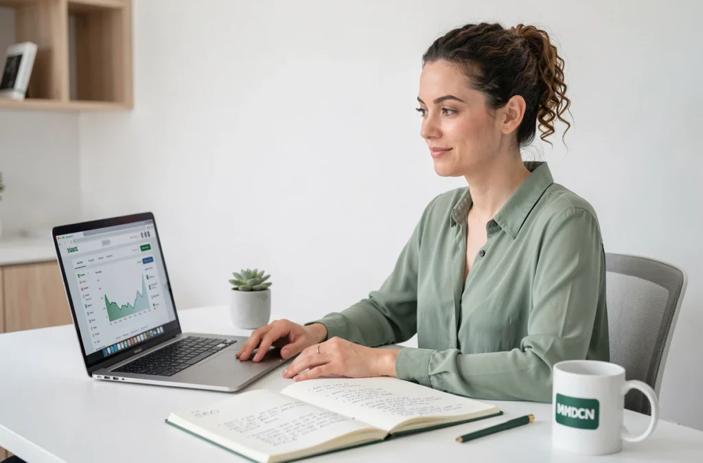 Stratège digitale de l'agence Complémentarité Web analysant des données analytics et des notes SEO pour optimiser un site internet