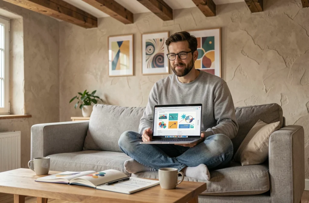 Designer UX de l'agence Graphixeen travaillant sur des illustrations vectorielles et un prototype de site internet sur son laptop