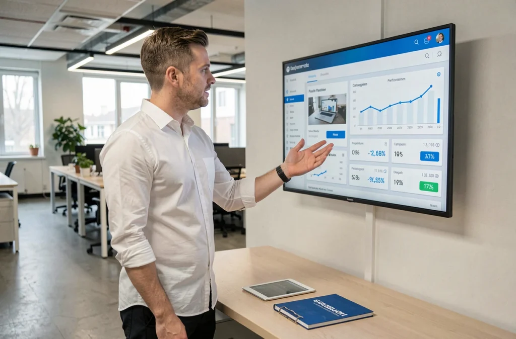 Spécialiste en marketing digital de l'agence Impakte Digital présentant des résultats de campagne web sur un écran mural dans un bureau moderne