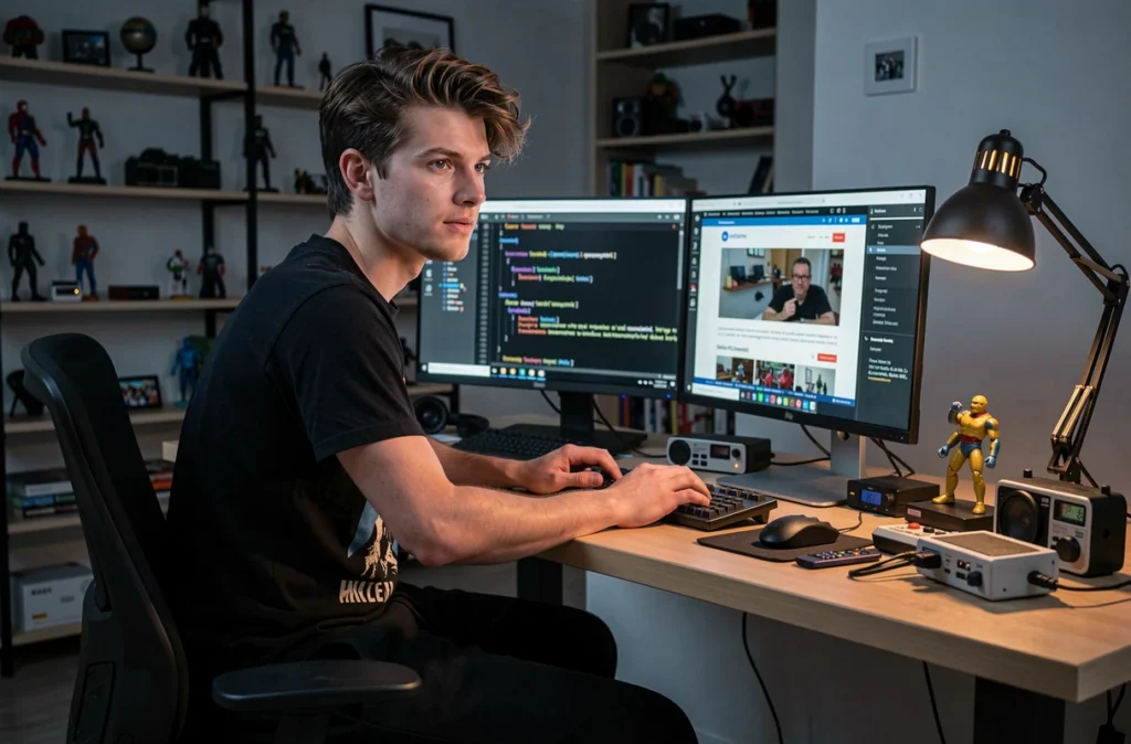 Développeur web de l'agence Luceefer codant un site internet dans son studio avec deux écrans affichant du code et une interface web