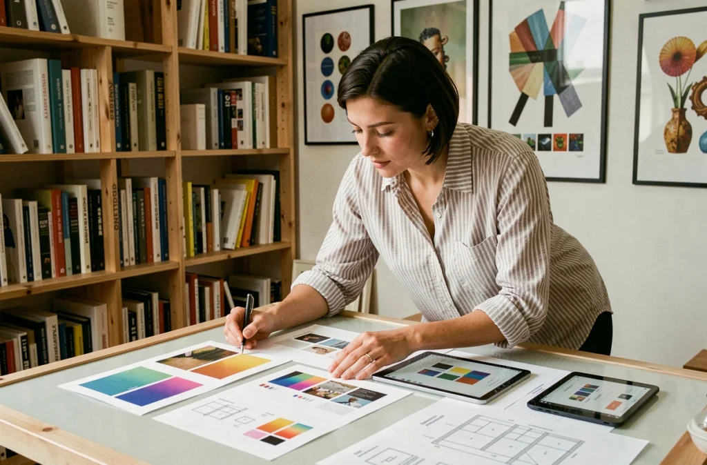Graphiste de l'agence Plein Écran analysant des maquettes imprimées et des esquisses numériques pour un projet de site web