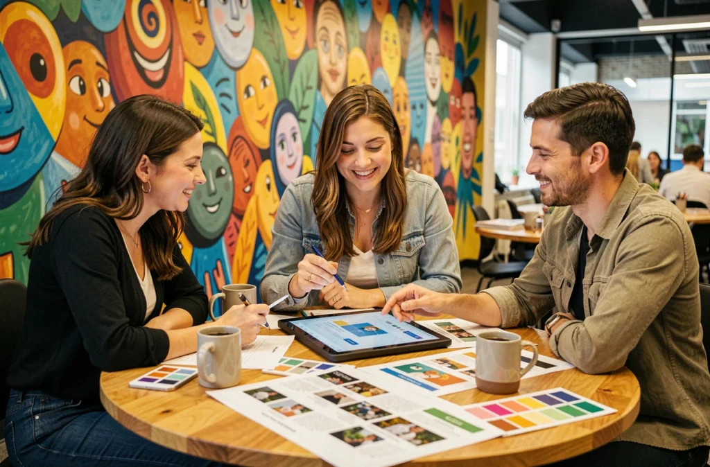 Équipe créative de l'agence Tribu and Co collaborant autour de maquettes de sites web et de storyboards dans un espace de co-working coloré