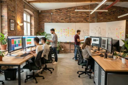 Vue d'ensemble d'une agence de création de sites internet en Loir-et-Cher avec des professionnels au travail devant des écrans affichant des maquettes web