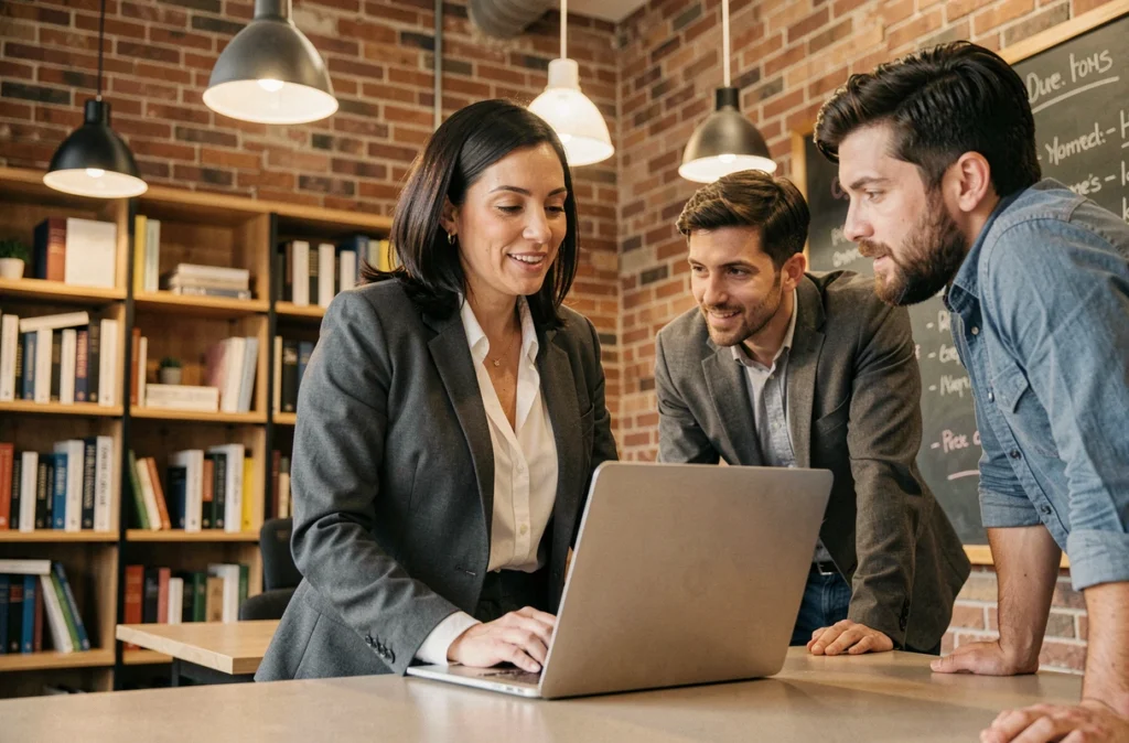 Femme professionnelle présentant une stratégie d'ambassadrice B2B à ses collègues dans un espace de coworking au design industriel