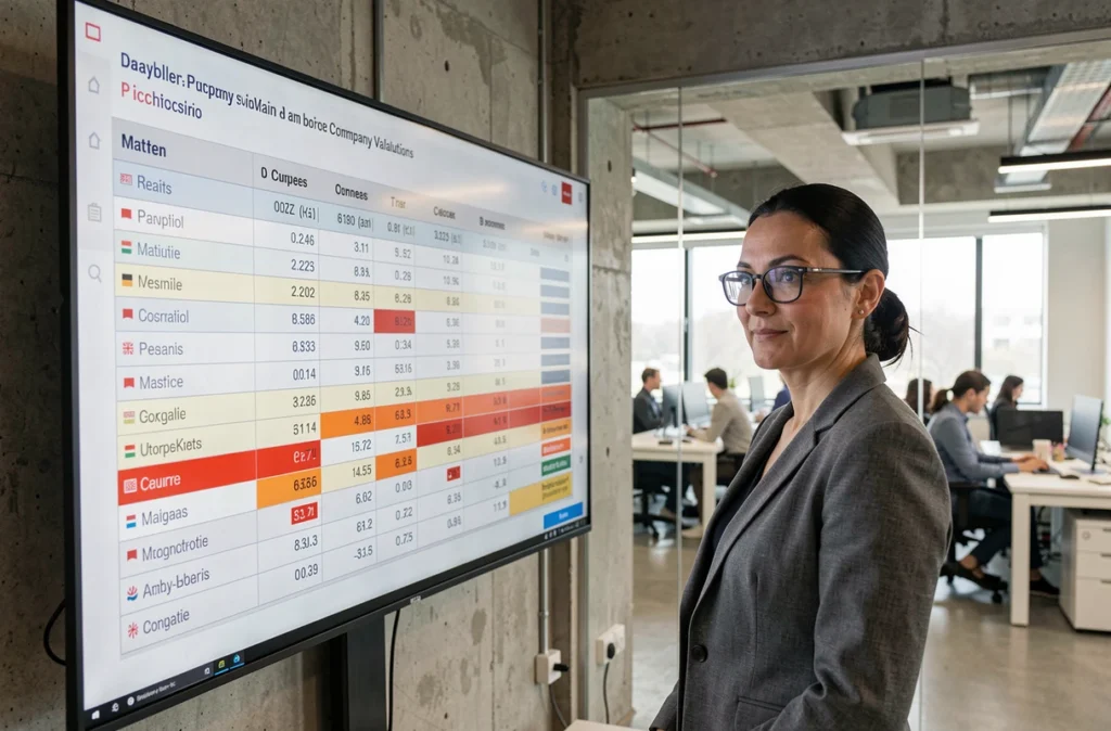 Consultante analysant les frais cachés d'une cession d'entreprise sur un écran de données financières