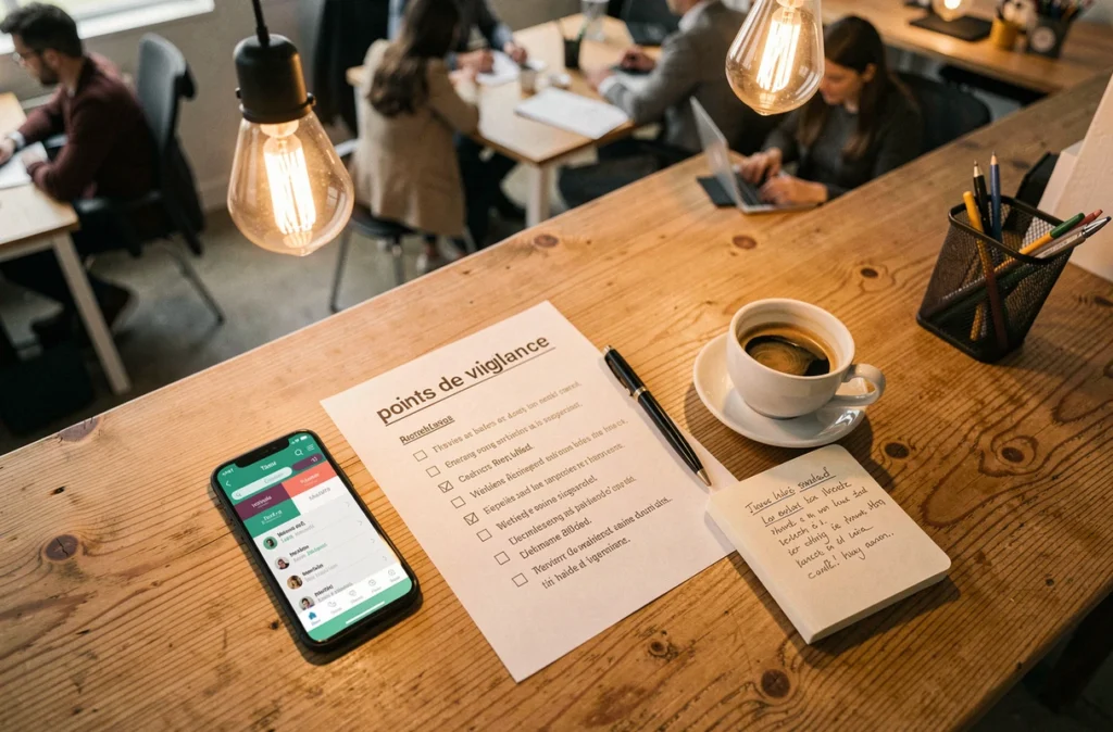 Vue de dessus d'un bureau avec checklist, smartphone et notes manuscrites liés à la vérification d'Aviquali