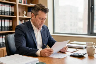 Entrepreneur examinant des documents financiers liés à une cession de commerce dans un bureau de notaire