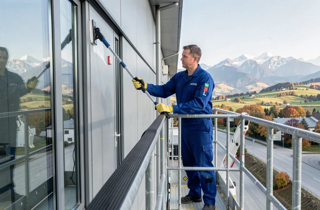 Agent Derichebourg Propreté en uniforme bleu nettoyant la façade vitrée d'un bâtiment industriel depuis une nacelle en Haute-Savoie