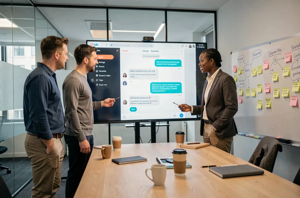 Équipe de professionnels collaborant autour d'une interface IA Mistral Le Chat pour améliorer la productivité collective en réunion