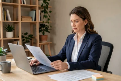 Femme professionnelle consultant des documents Aviquali sur un bureau à domicile organisé