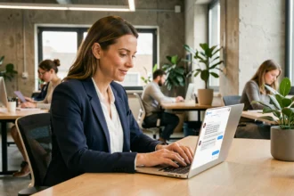 Femme professionnelle utilisant l'IA Mistral Le Chat sur un ordinateur portable dans un espace de coworking moderne pour booster sa productivité