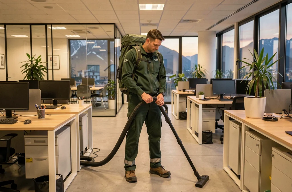Agent GSF en uniforme vert avec aspirateur dorsal nettoyant un open space de bureau en Haute-Savoie au crépuscule