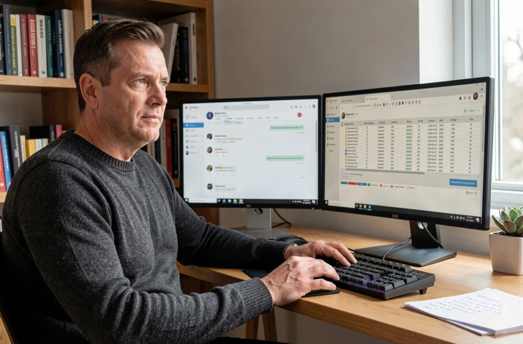 Homme en télétravail utilisant Mistral IA Le Chat sur un bureau à double écran pour optimiser sa productivité personnelle depuis son domicile