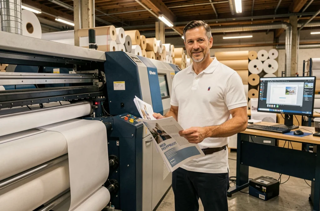 Technicien de l'Imprimerie ISF tenant des brochures imprimées devant une presse numérique professionnelle dans un atelier d'impression