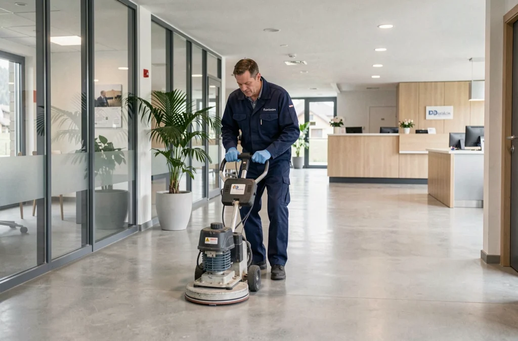 Technicien de JP Nettoyage utilisant une polisseuse professionnelle dans le couloir d'un immeuble de bureaux à Annecy