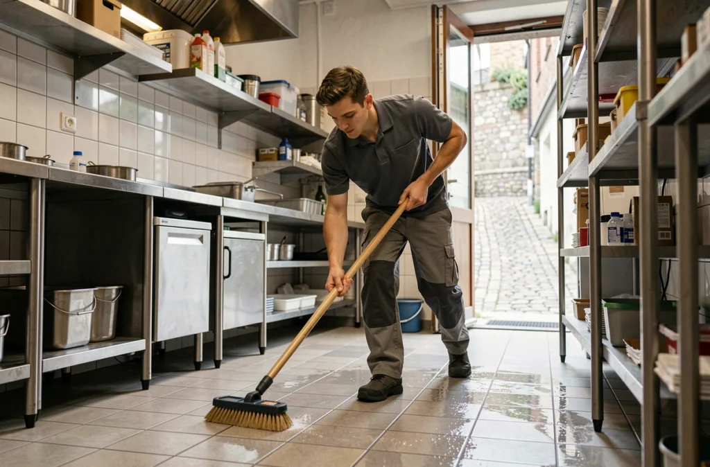 Agent de nettoyage Kev Nett en action dans une cuisine professionnelle d'un restaurant de Haute-Savoie