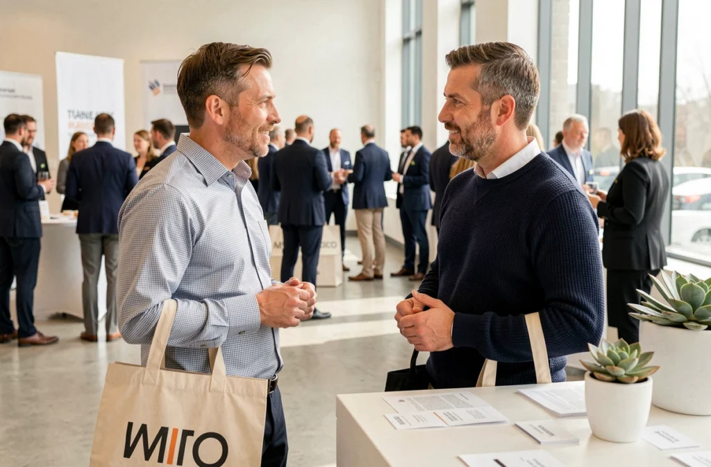 Deux professionnels B2B en train de networker lors d'un événement communautaire, illustrant la dynamique d'ambassadeurs actifs au sein d'une communauté professionnelle