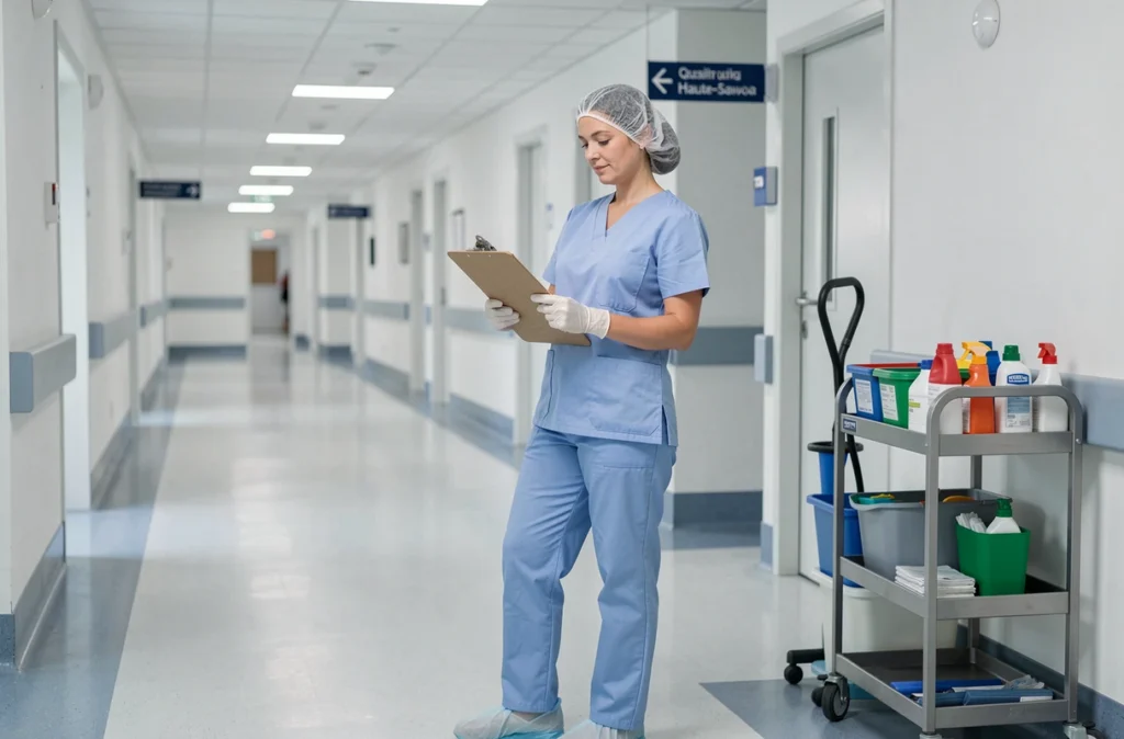 Superviseure NOESIS en uniforme médical effectuant un contrôle qualité dans un couloir d'hôpital de Haute-Savoie