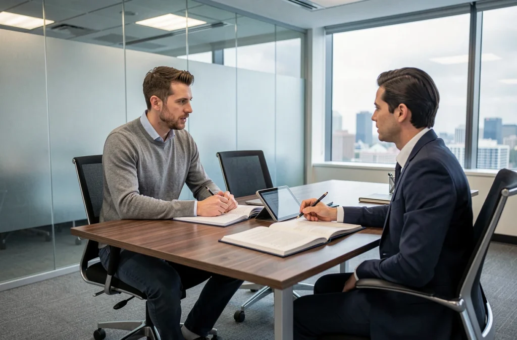Entretien professionnel entre un consultant et un client dans un bureau moderne pour discuter d'Aviquali
