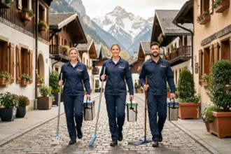 Équipe de nettoyage professionnelle en uniforme dans une rue d'une commune de Haute-Savoie avec des chalets et des sommets enneigés en arrière-plan