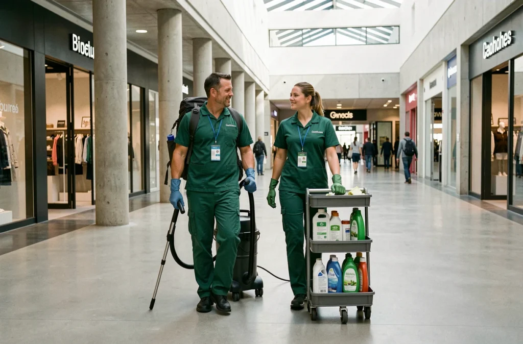 Équipe de nettoyage professionnelle en uniforme vert avec chariot de produits et aspirateur dorsal dans un couloir commercial à Toulouse en Occitanie