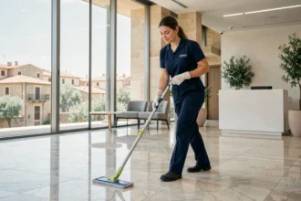 Technicienne de nettoyage professionnelle en uniforme bleu marine utilisant une serpillière microfibre sur un sol en marbre poli dans un hall de bureau moderne en Occitanie